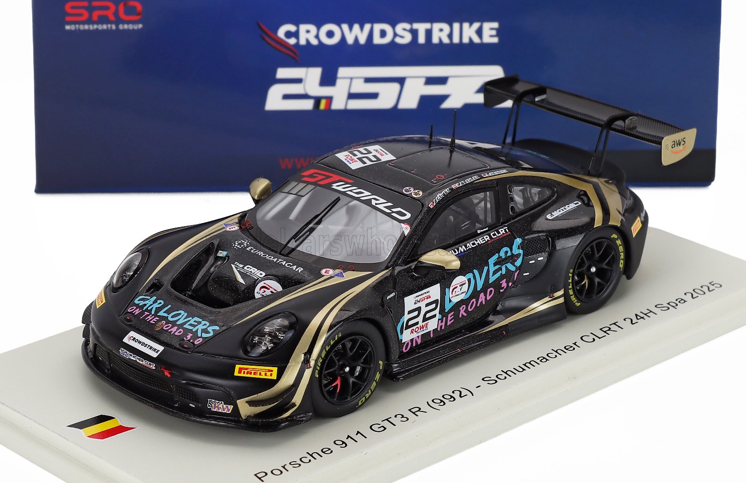 Porsche 911 GT3 R scale model car by Vroomi, black with gold accents, Schumacher CLRT 24H Spa 2025 livery