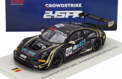 Porsche 911 GT3 R scale model car by Vroomi, black with gold accents, Schumacher CLRT 24H Spa 2025 livery