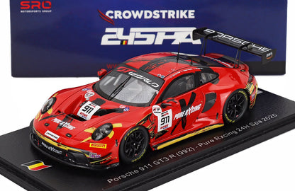 Red Porsche 911 GT3 R scale model car by Vroomi, Pure Rxcing livery, Spa 2025 race edition with detailed decals and display base.