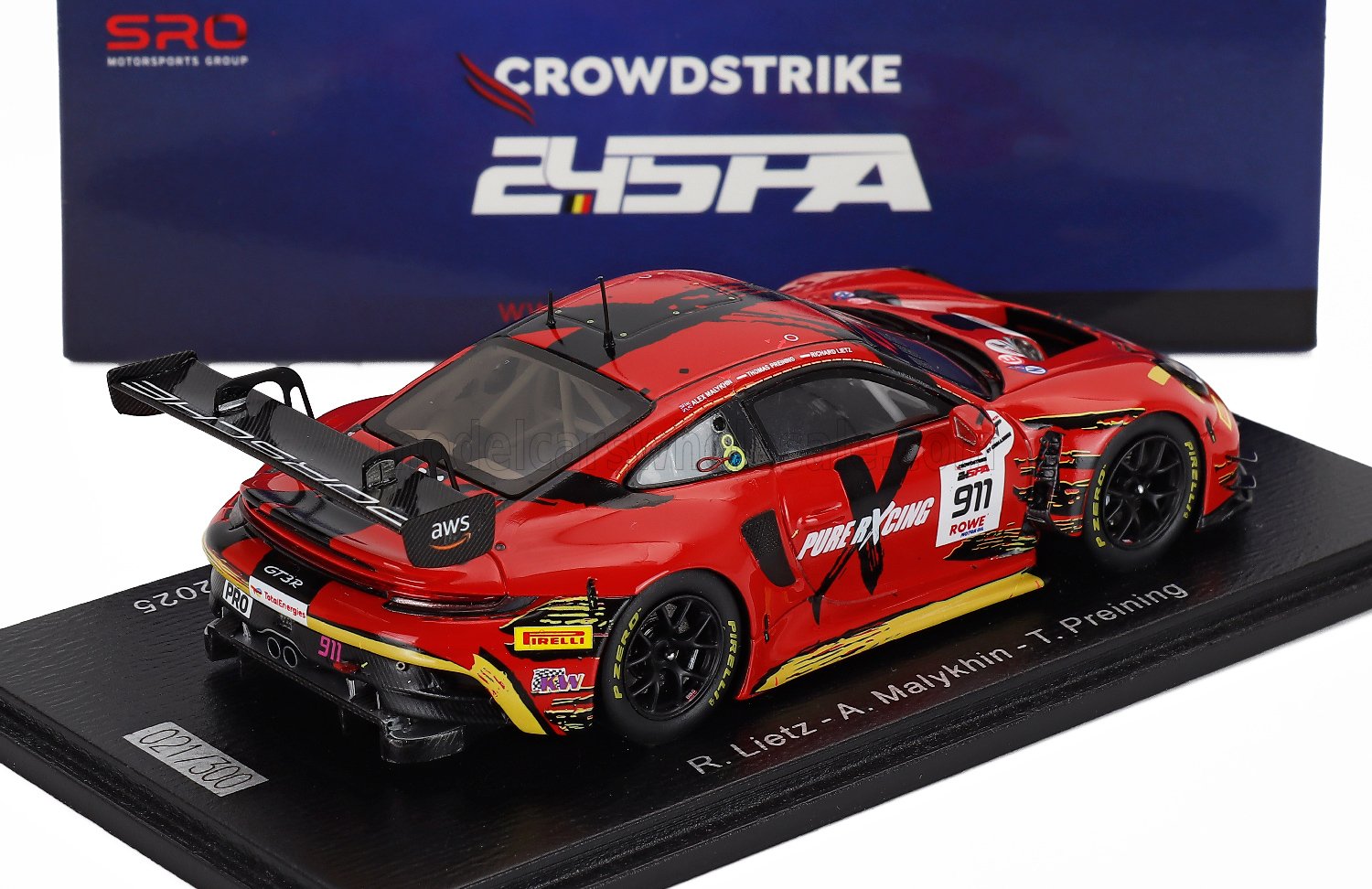 Red Porsche 911 GT3 R scale model car by Vroomi, detailed racing livery, 2025 24H SPA edition