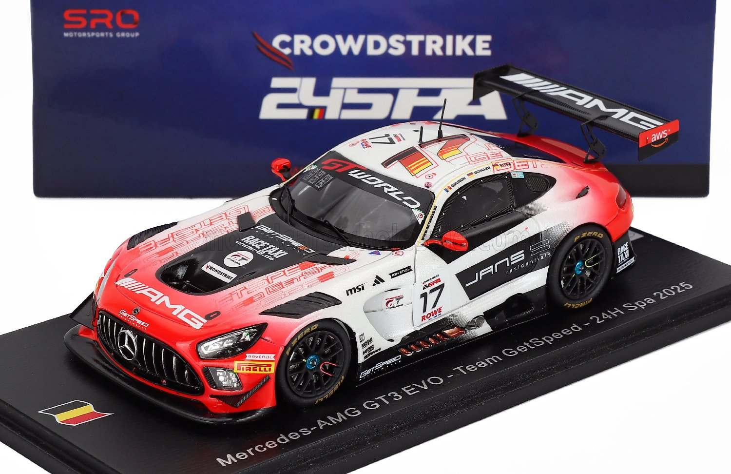 Mercedes-AMG GT3 EVO scale model car by Vroomi, 24H Spa 2025 edition with detailed livery and racing decals.