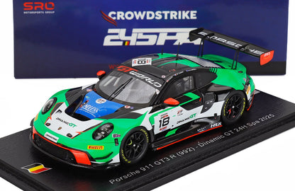 Porsche 911 GT3 R scale model car by Vroomi, featuring vibrant green and black livery for the 24H Spa 2025 race.