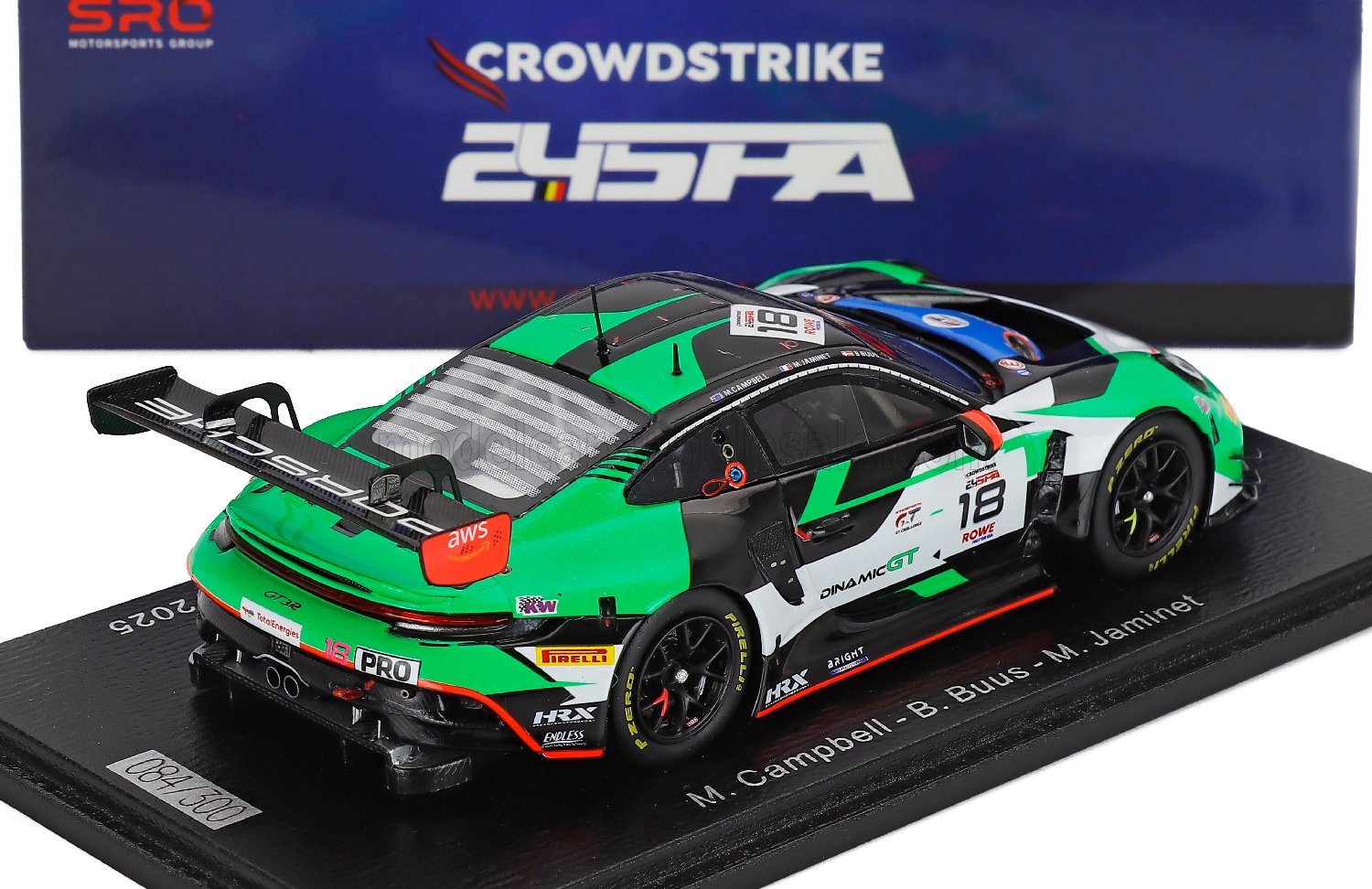 Green and black scale model car from Vroomi, featuring racing decals and a sleek design.