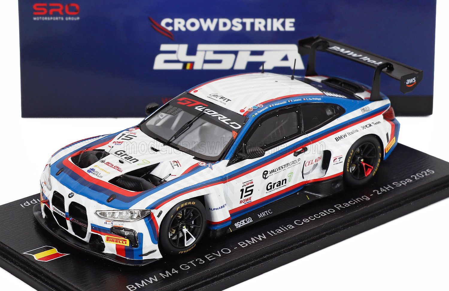 BMW M4 GT3 EVO scale model car by Vroomi, 24H Spa 2025 livery, detailed die-cast replica with racing decals