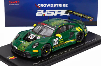 Green Porsche 911 GT3 R scale model car by Vroomi, featuring 24H Spa 2025 livery and detailed racing decals.