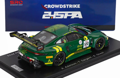 Green Porsche 911 GT3 R scale model car with 120 livery, displayed on base with CrowdStrike 24H Spa backdrop at Vroomi