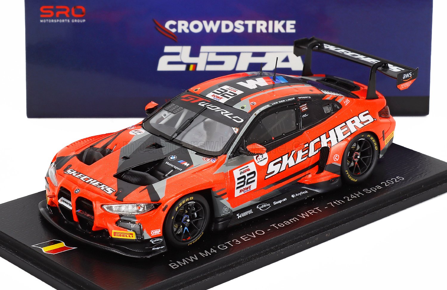 BMW M4 GT3 EVO scale model car by Vroomi, featuring Skechers livery and 24H Spa 2025 details.