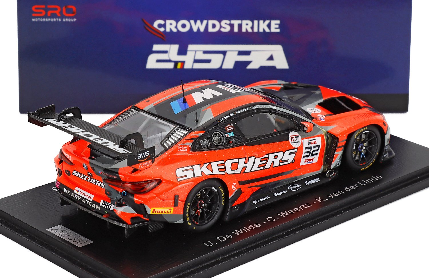 Vroomi scale model car: orange BMW M4 GT3 #32 Skechers livery, CrowdStrike 24H Spa race replica with detailed decals and display base
