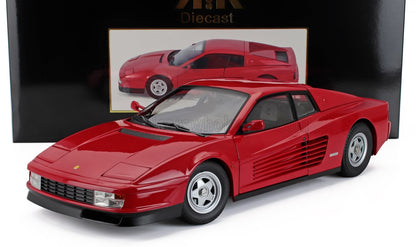 Red Ferrari Testarossa diecast car model with detailed exterior, displayed in front of black box, available on Vroomi