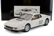 White Ferrari Testarossa diecast model car with detailed features, shown against black display box, available on Vroomi