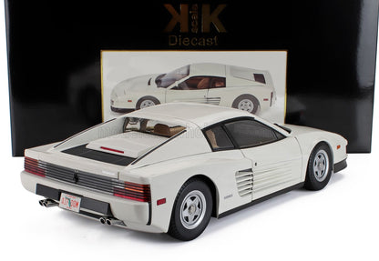 White Ferrari Testarossa diecast model car in 1:18 scale with detailed features available on Vroomi