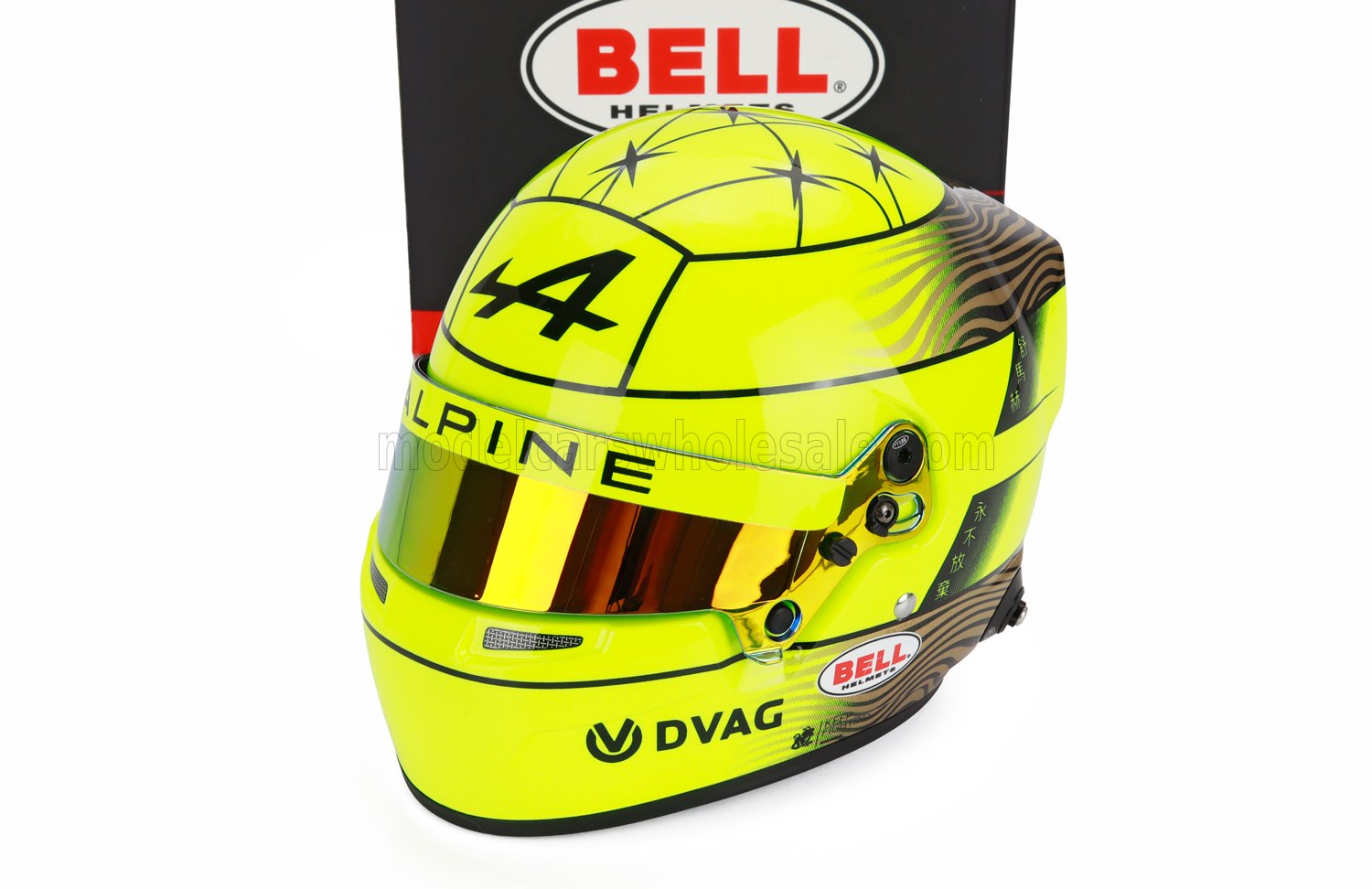 Vroomi scale model car helmet: neon yellow Alpine F1 design with Bell branding and reflective visor