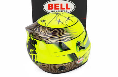 Vroomi scale model car helmet with neon yellow and black design, Bell Helmets branding