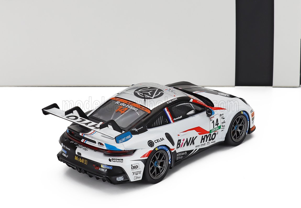 White Porsche 911 GT3 R scale model car with racing decals, showcased at Vroomi for collectors.