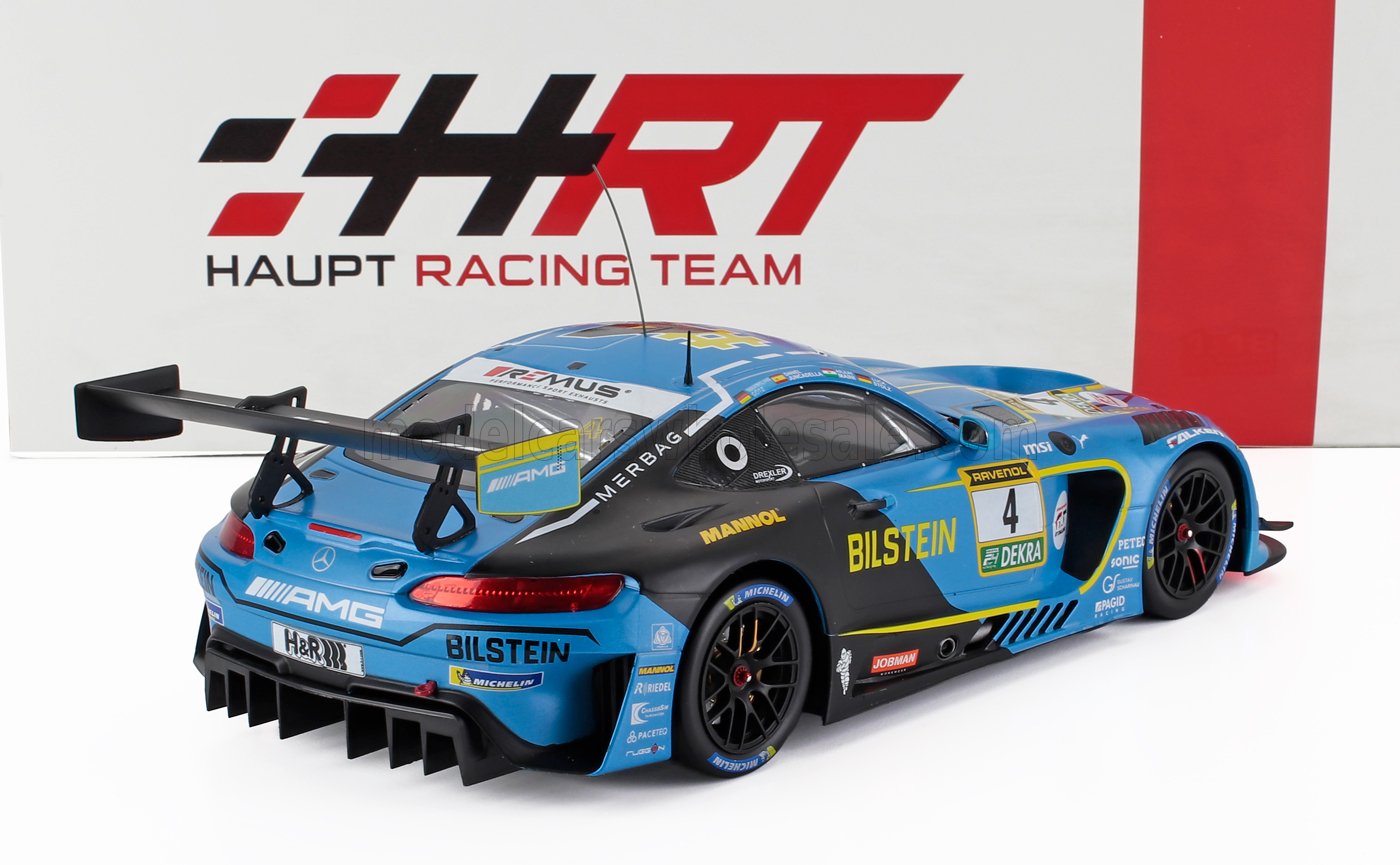 Blue and black Mercedes AMG GT3 race car model with Bilstein and Michelin decals, featured by Haupt Racing Team, available on Vroomi