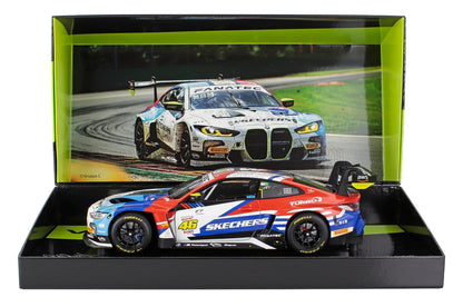 Skechers branded racing car model with red, white, and blue colors displayed on a racetrack backdrop, available on Vroomi