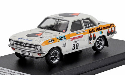 White Opel Ascona vintage rally car model with Alec Lobb Garages LTD decals, shown on display base, available on Vroomi