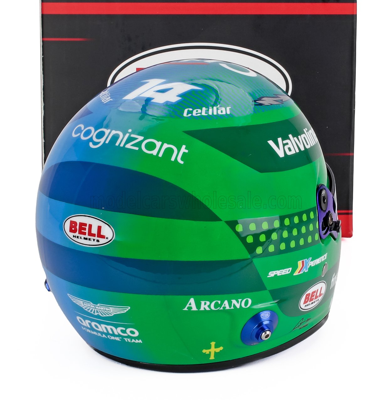 Fernando Alonso 1/2 scale model car helmet by Vroomi, featuring Cognizant, Valvoline, and Bell logos on green and blue design.