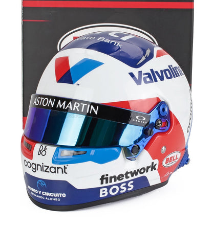 Fernando Alonso 1:2 scale model car helmet with Valvoline, Aston Martin, and Bell branding, Vroomi