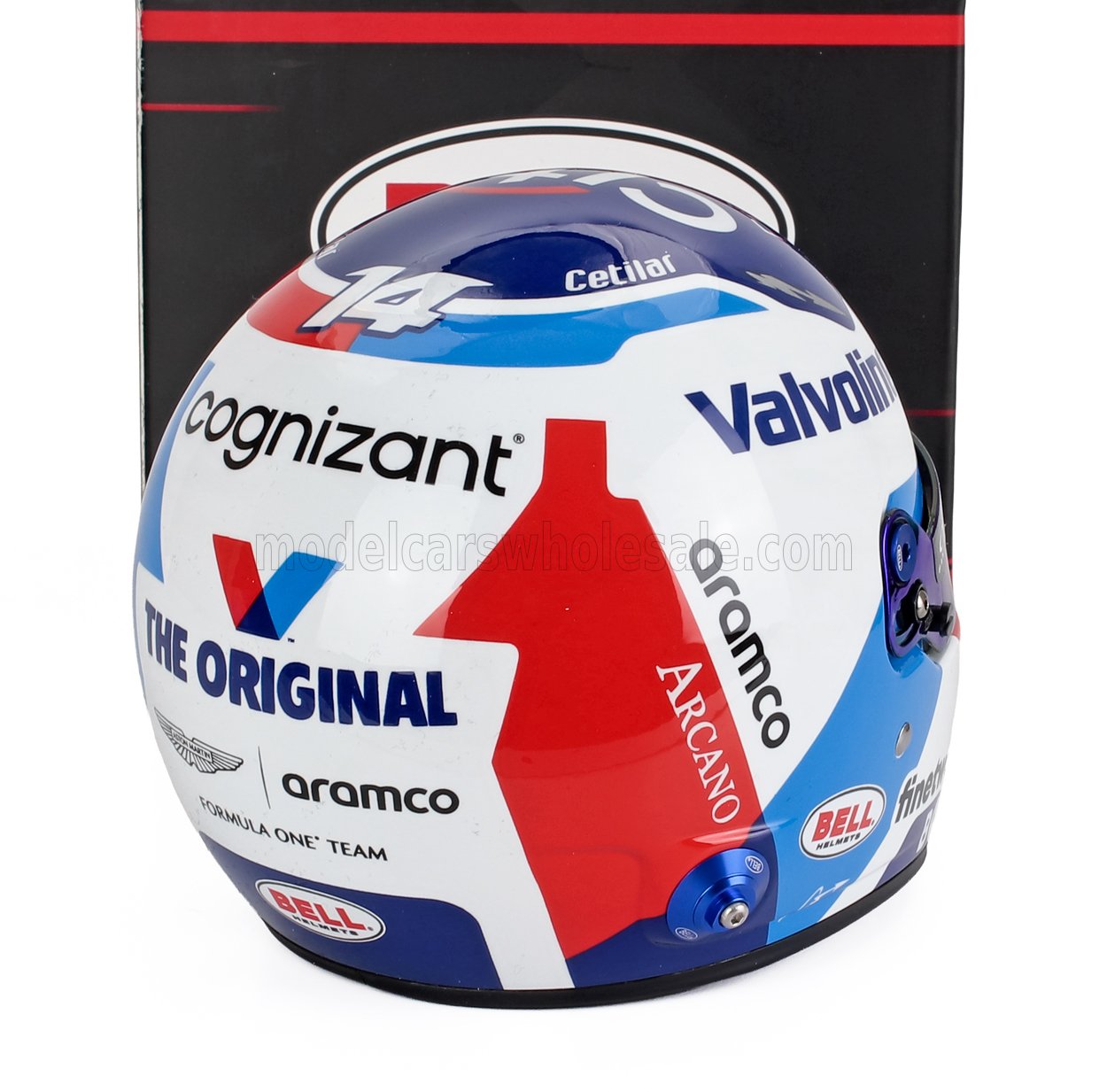 Fernando Alonso 1:2 scale model car helmet by Vroomi, featuring Cognizant, Valvoline, and Aramco livery.