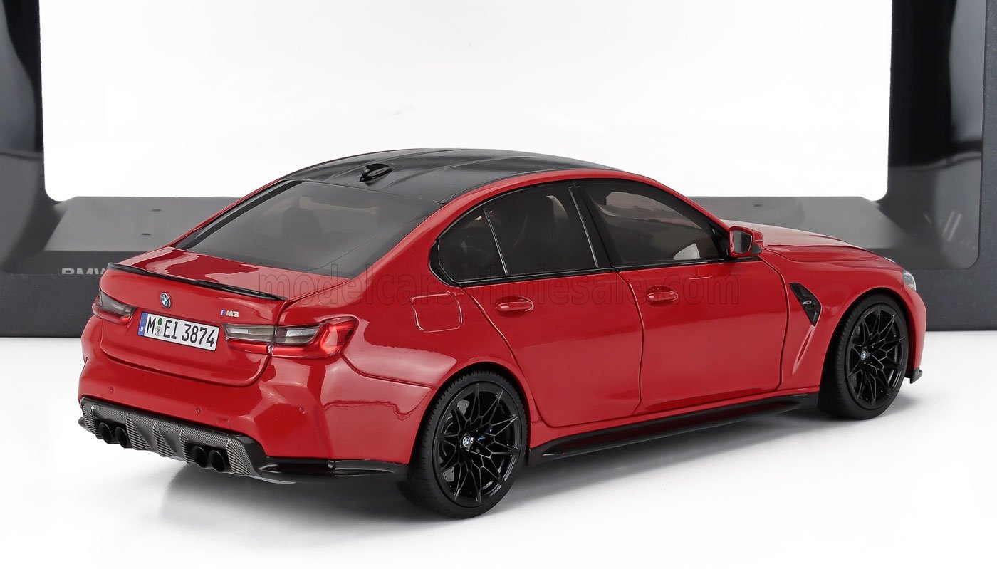 Red BMW M3 1:18 scale model car with black wheels, premium replica available at Vroomi