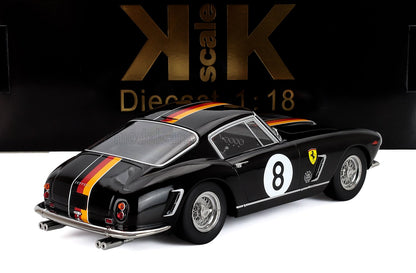 Black 1:18 scale Ferrari diecast model car with racing stripes and number 8, offered on Vroomi