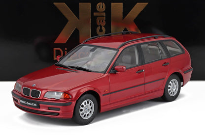 Red BMW 3-Series E46 station wagon model car displayed with black and gold background, available on Vroomi