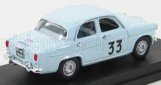 Light blue vintage model car with number 33 on doors, displayed on black base, available on Vroomi