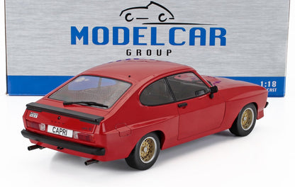 Modellino in scala 1:18 della Ford Capri RS 3100 rossa con ruote dorate, disponibile su Vroomi.