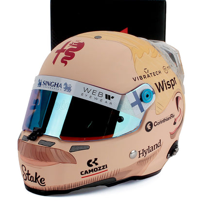 Scale model car helmet with sponsor logos, displayed by Vroomi for collectors