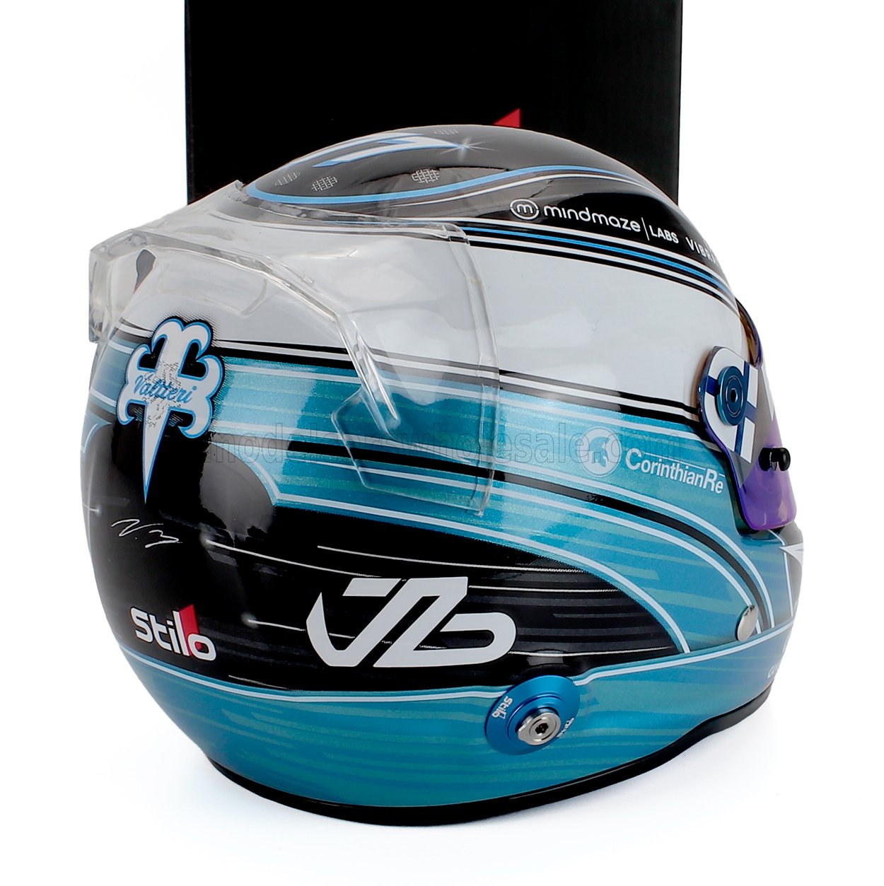 Vroomi scale model car racing helmet with blue and black design, featuring Stilo and CorinthianRe logos