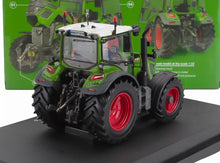 Detailed green and red Fendt scale model tractor on black display stand, available at Vroomi