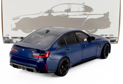 1:18 scale 2024 BMW M3 blue die-cast model car, collectible available at Vroomi