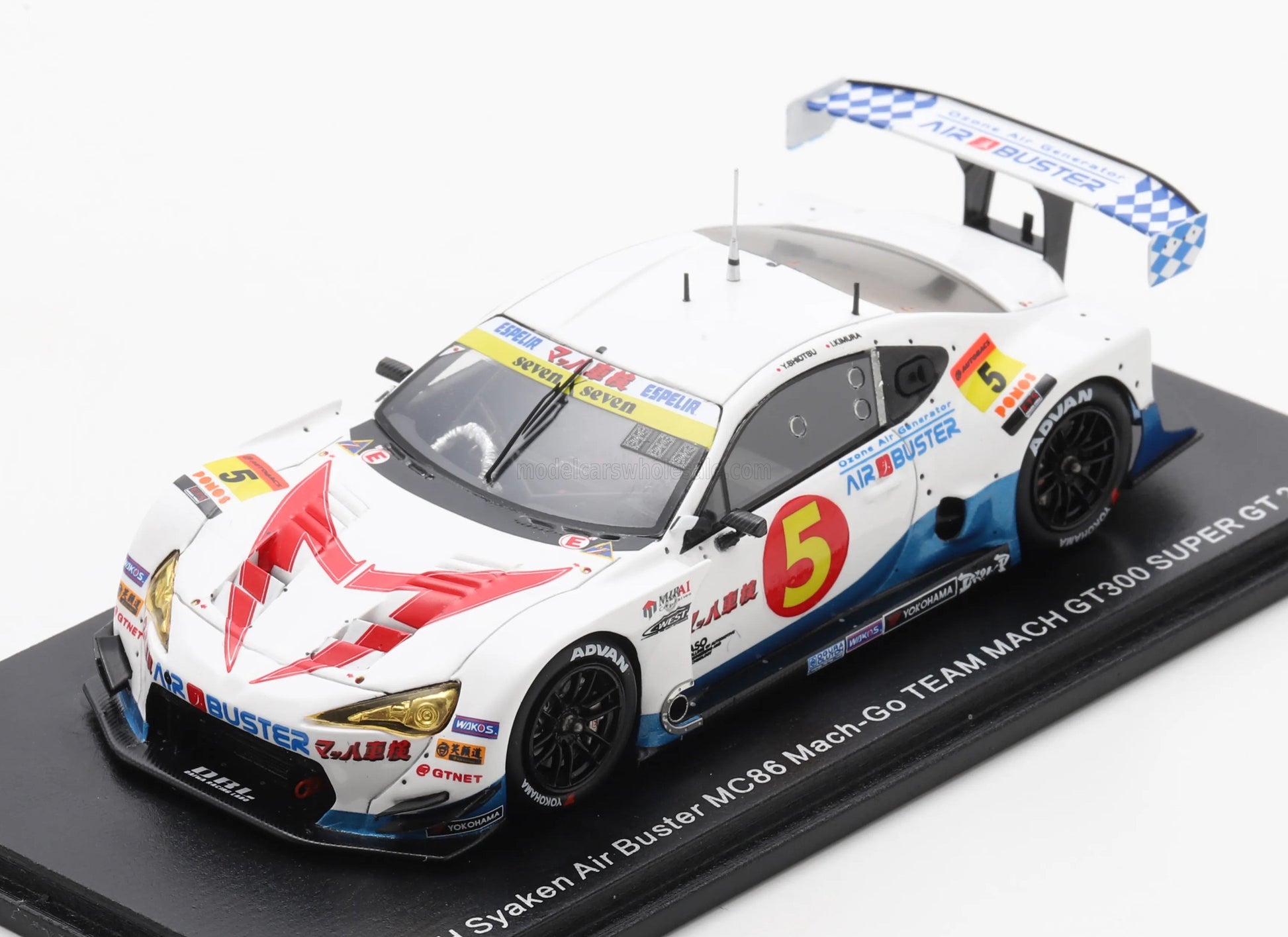 White and blue Air Buster MC86 Mach-Go Team Mach GT300 Super GT 2019 racing car model with red number 5, available on Vroomi
