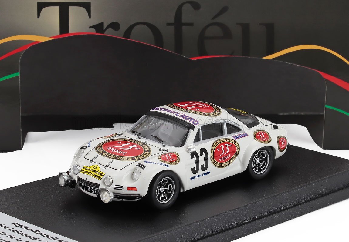 Voiture miniature Alpine-Renault A110 blanche avec livrée '33 export', présentée chez Vroomi