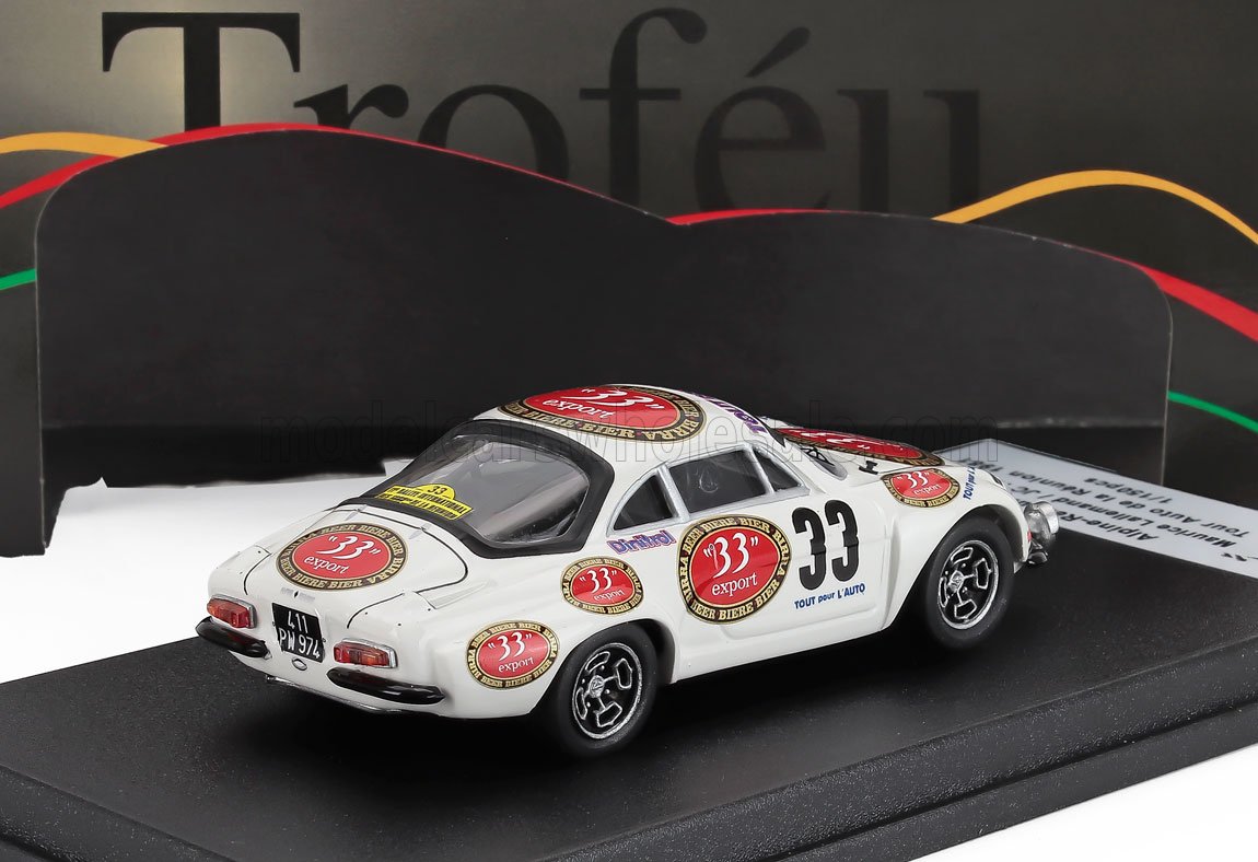 Voiture miniature blanche #33 avec livrée '33 export', présentée sur socle noir — Vroomi