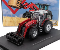 Modellino in scala del trattore Massey Ferguson 5M.145 con caricatore frontale, esposto su base Vroomi