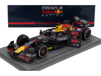 Zwart en rood Oracle Red Bull Racing RB21 Formule 1-autoschaalmodel met gele accenten en Maxi-logo's van de GP van de VS 2025