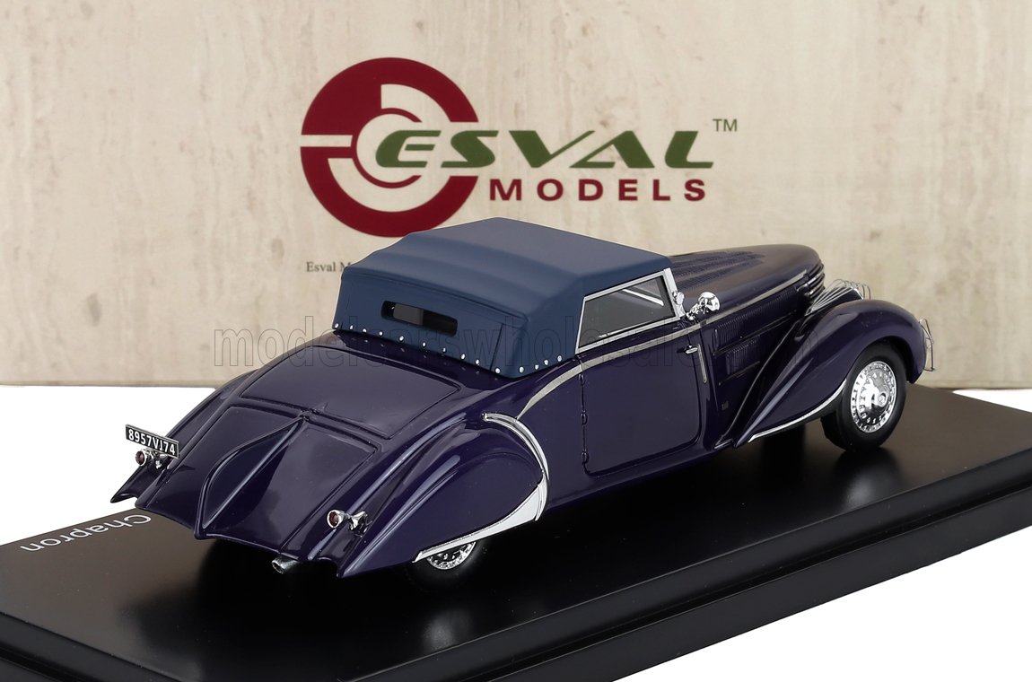 Dark purple vintage Chapron model car with blue fabric roof on display stand, offered on Vroomi
