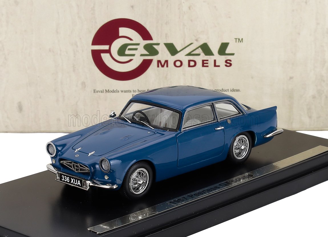 Blue 1957 Peerless GT coupe model car on display stand, offered through Vroomi platform