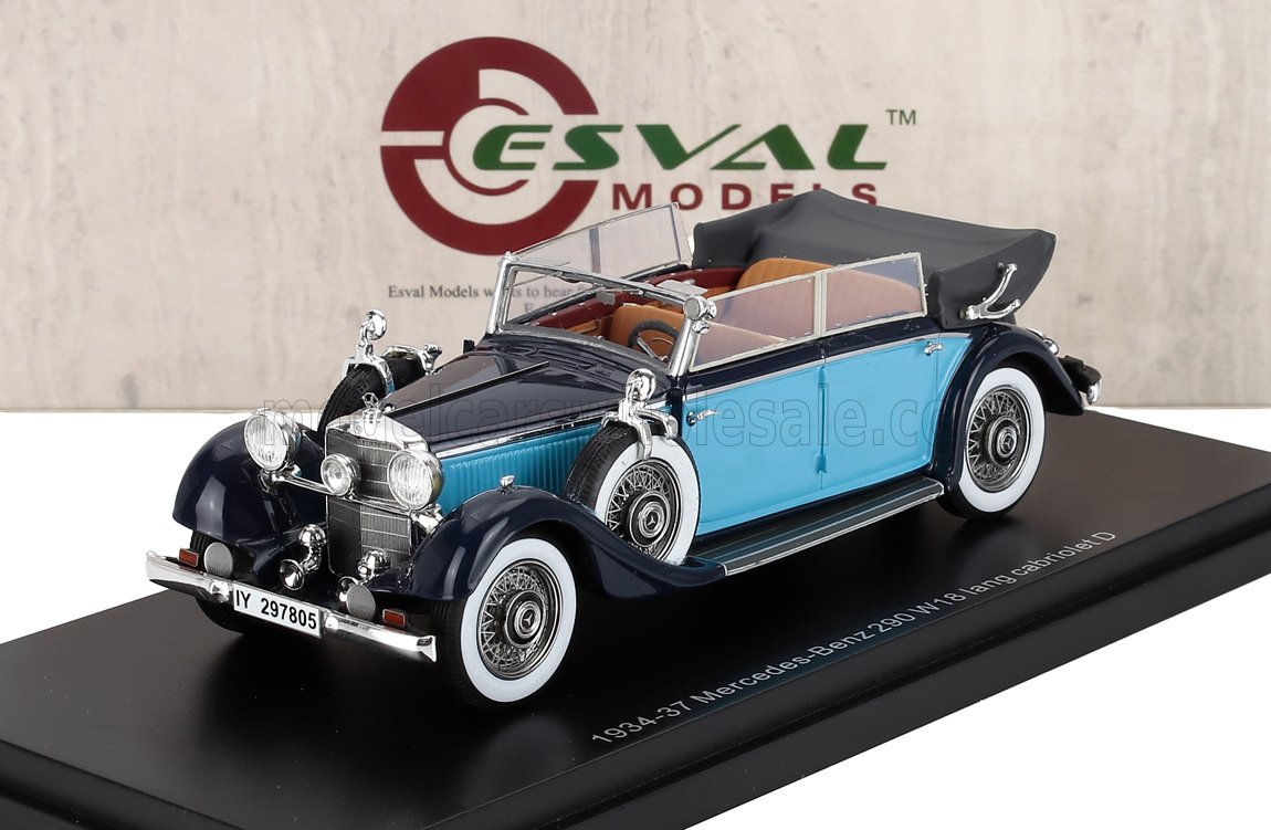 Detailed 1934-37 Mercedes-Benz 290 W18 long cabriolet model car in blue and black, available on Vroomi