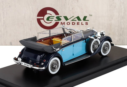 Blue and black vintage Mercedes convertible model car by Cesval Models, detailed interior, shown on black base, available on Vroomi