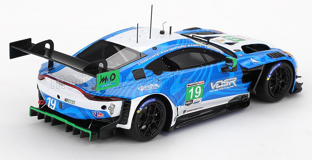 Blue and white scale model of aston martin vantage amr gt3 4.0l turbo with black wheels and green accents