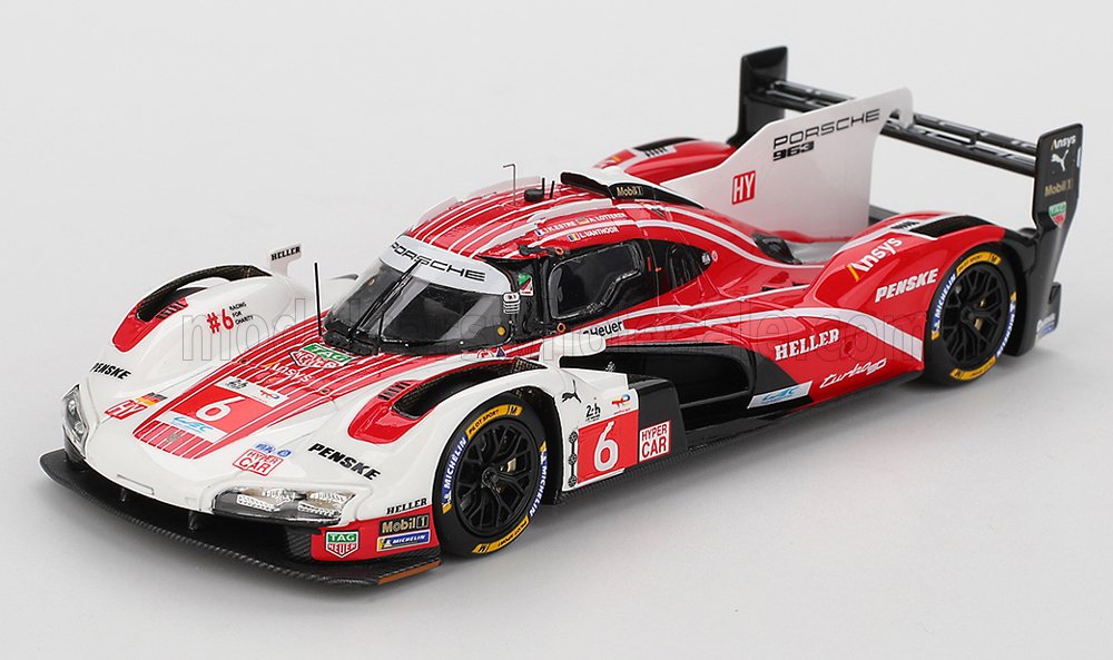Red white and black porsche 963 9rd 46l turbo v8 race car model with penske and mobil 1 decals for 24h le mans 2024