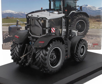 Detailed 1/18 scale Massey Ferguson tractor model with rear view, realistic tires, and cabin, available at Vroomi