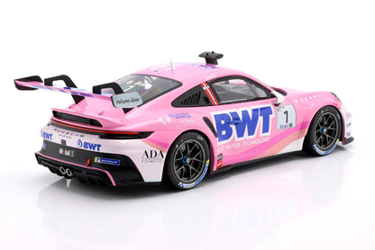 Pink Porsche 911 GT3 Cup race car with BWT branding and Michelin tires, available on Vroomi