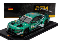 Modellino dell'auto da corsa BMW 4-Series M4 GT3 EVO in verde e bianco con decalcomanie dettagliate del team Schubert Motorsport 2025