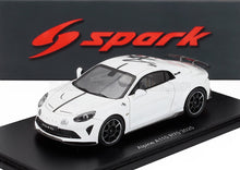 White Alpine A110 R70 2025 scale model car by Spark displayed on black base available at Vroomi