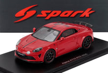 Red Alpine A110 R70 2025 scale model car with black racing stripes on display stand, available at Vroomi