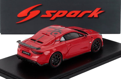 Red Alpine A110 R70 scale model car with black detailing on display with Spark logo, available at Vroomi